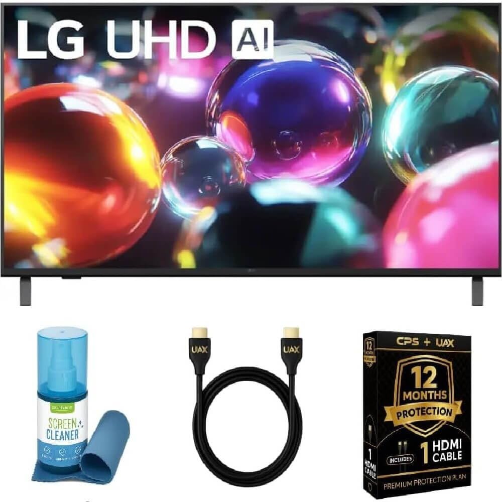 LG 43 Inch Class UA7000 Series LED AI 4K UHD Smart webOS TV 2025 HDR Voice Control Wi-Fi ThinQ AI w/Monster MCGOLDUHD5 HDMI Cable, 12 Mo CPS Protection & SURF201V Screen Cleaner