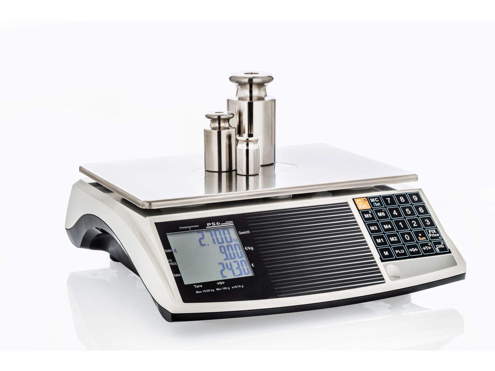 WKA Ladenwaage PS 15/30, geeicht, Edelstahl, Tarafunktion, LCD-Display