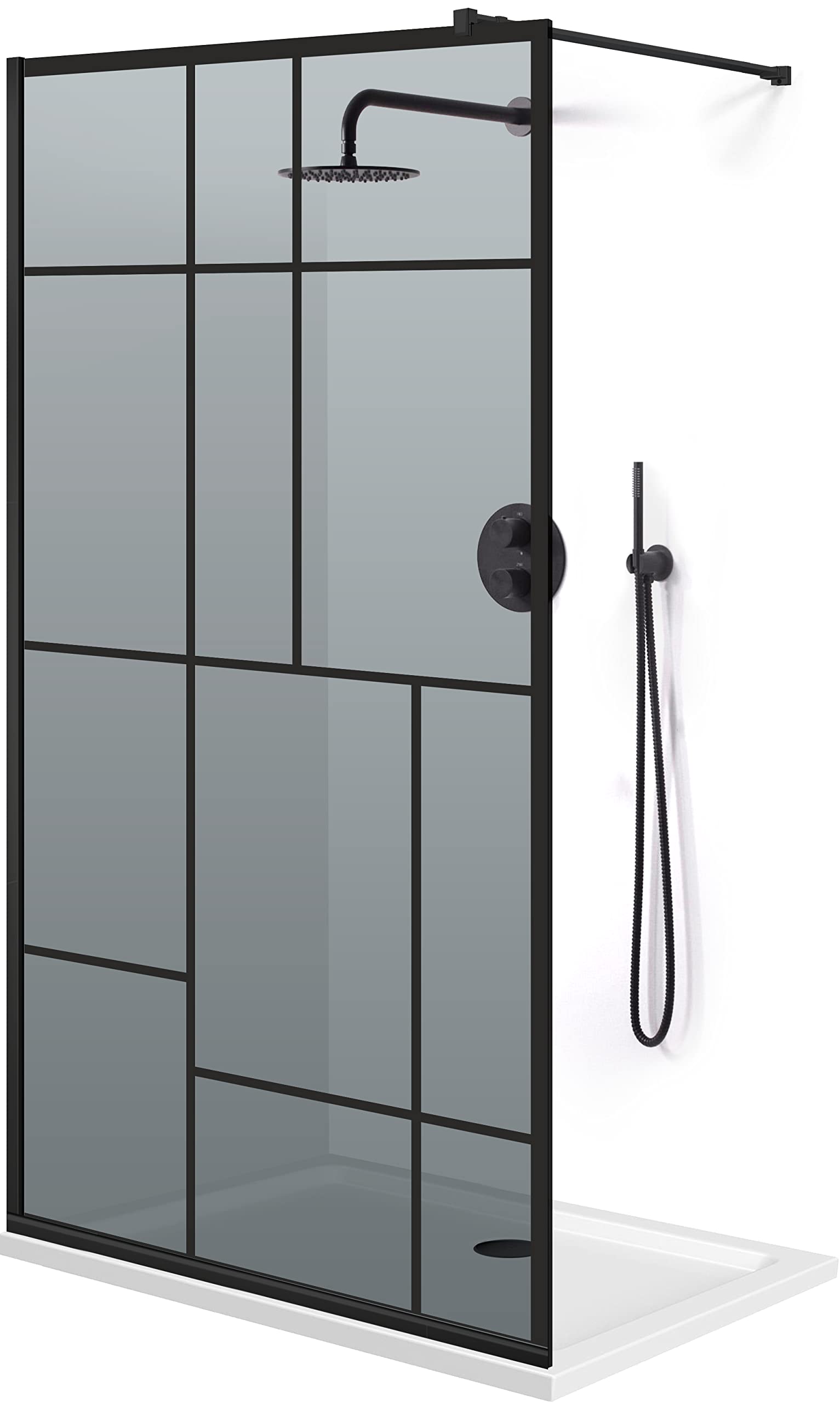 Aqua Roy Schwarz, Modell Urban Black, Größe 100 cm ab 70/80/90/100/110/120, Walk in Duschwand Duschabtrennung 8mm Glas grau mit NANO-beschichtetem sandgestrahltem Muster (100x195cm)