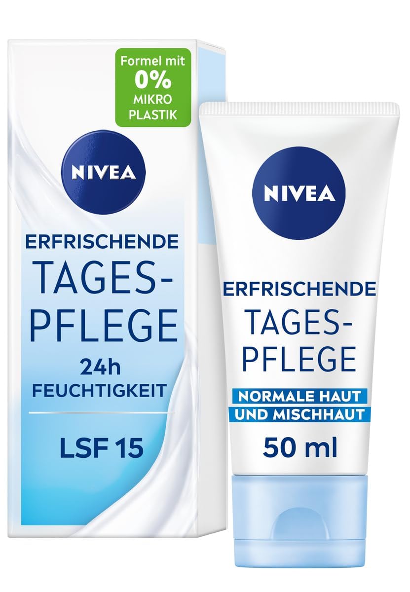 NIVEA Erfrischende Tagespflege 24h Feuchtigkeit (50 ml), Gesichtscreme für normale und Mischhaut mit LSF 15, feuchtigkeitsspendende Tagescreme mit Vitamin E