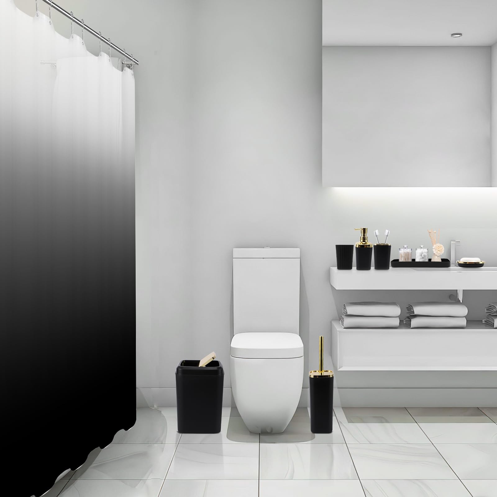 XLHOMO Juego de 22 piezas de accesorios de baño negros completos con cortina de ducha negra degradada, papelera, soporte para cepillo de dientes, vaso para cepillo de dientes, dispensador de jabón,