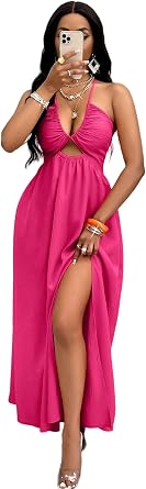 Womens Summer Maxi Dress Sexy Tie Backless Criss Cross Halter Neck Sleeveless Split Dress for Women