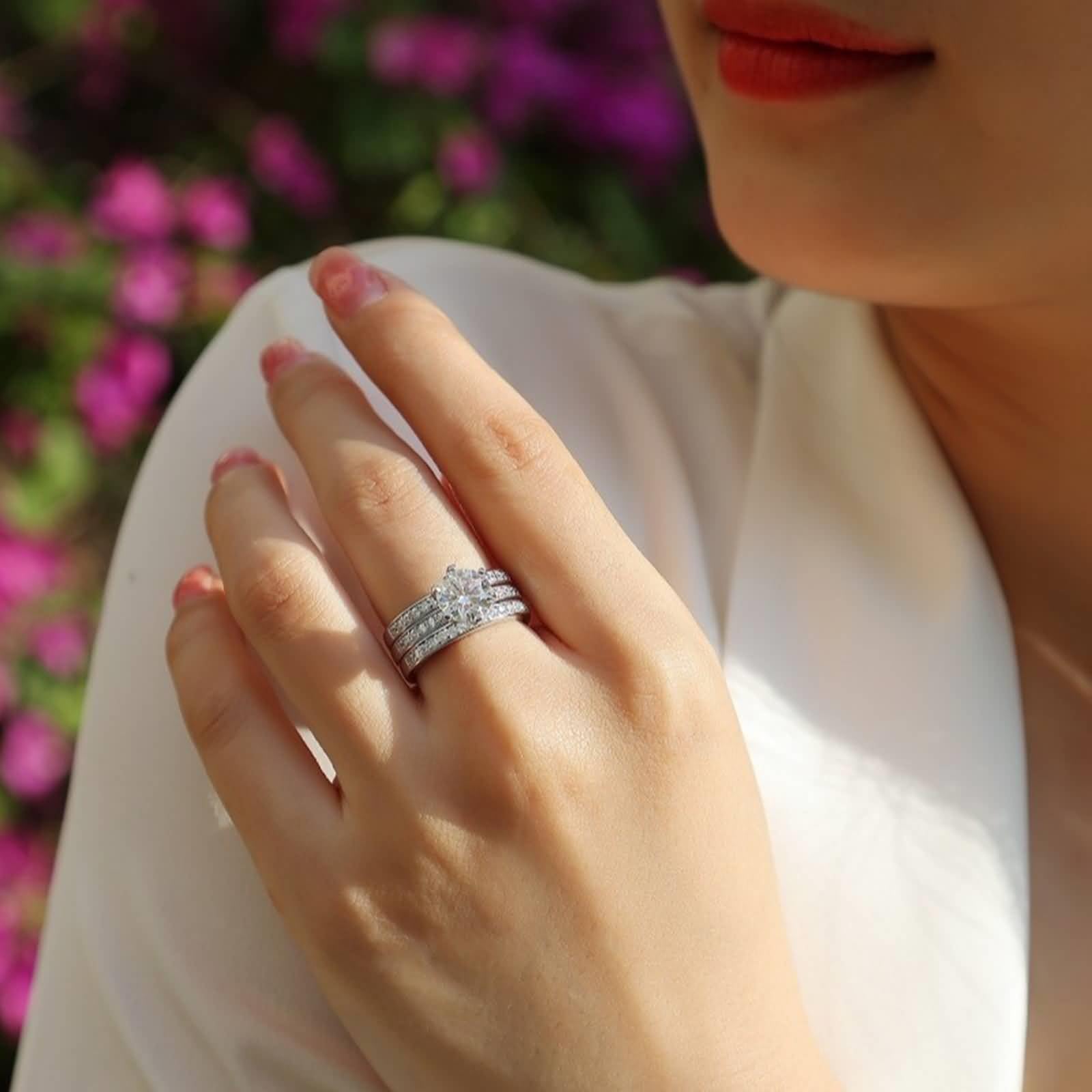 Anillo para mujer de oro, 2 quilates, moissanite, oro blanco, apilable, juego de 3 anillos de compromiso, anillos de oro auténtico para mujer