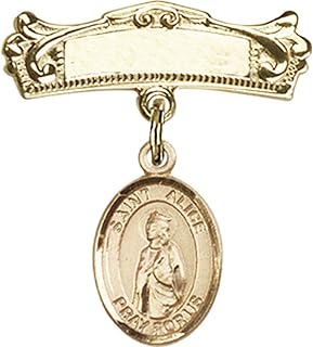 14kt Yellow Gold Baby Badge with St. Alice Charm and Arched Polished Badge Pin 7/8 X 3/4 inches