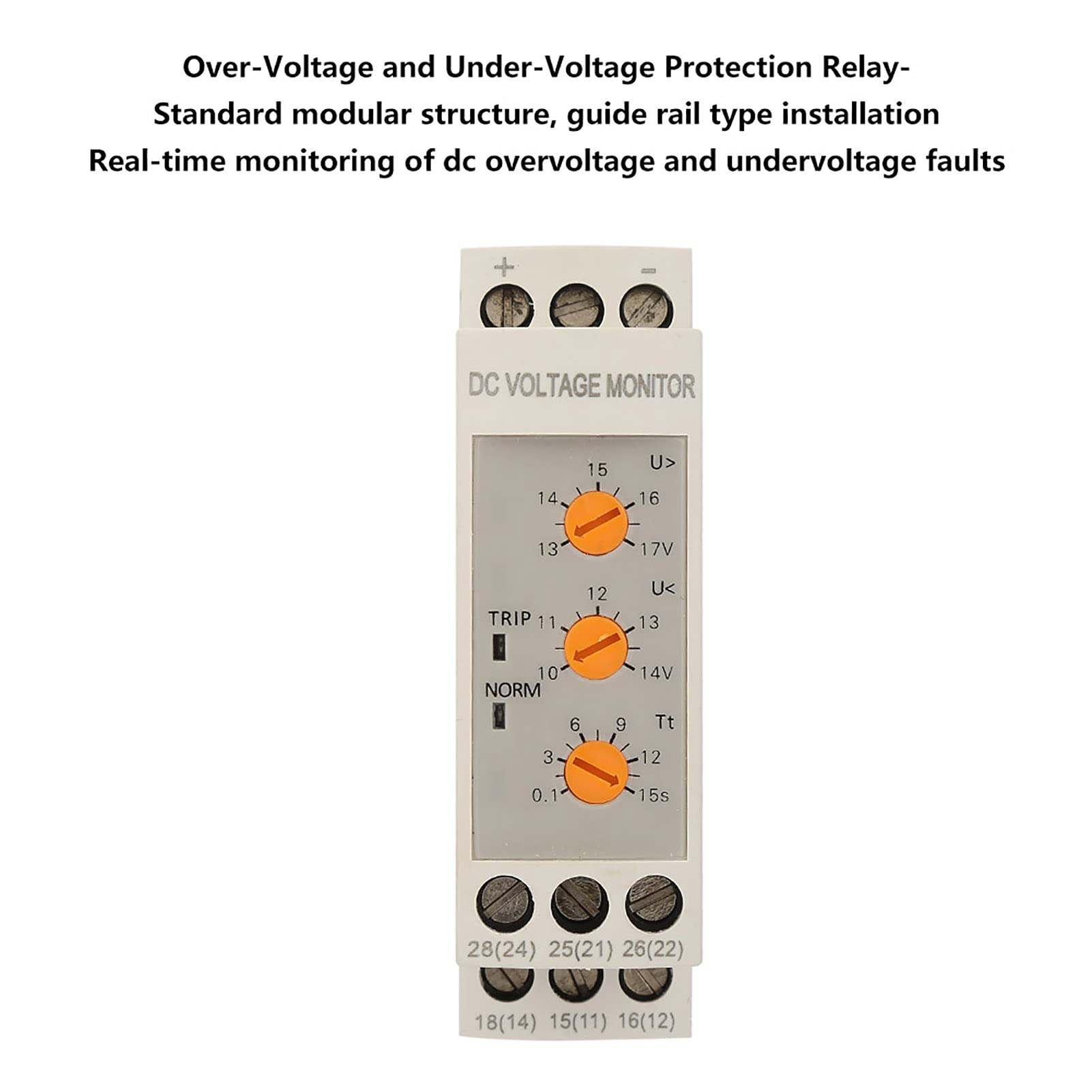 Relé de Supervisión de Voltaje CC, Módulo de Control Ajustable 12V/24V/36V/48V, Protección Contra Sobretensión y Subtensión, Montaje en Riel, 79x23x79mm