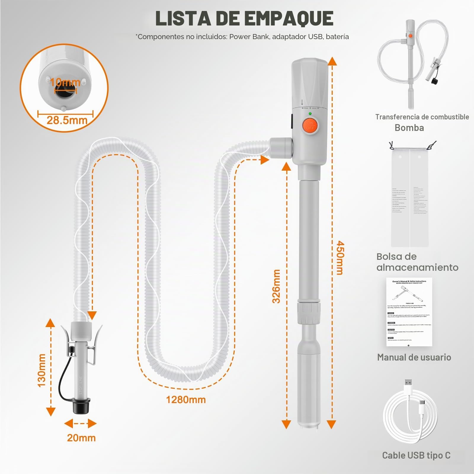 Bomba de Transferencia de Combustible Bomba de Gasolina Funciona con USB-C/AA 10.6 l/min con Parada Automática y Manguera Retráctil, Bomba de Líquido Portátil Transfiere Gasolina Gasoil Combustible