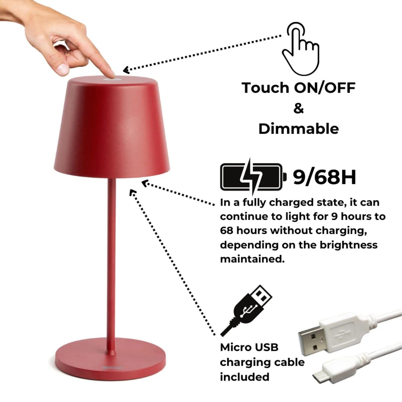 LED Akku Gartentisch Leuchte Rot stufenlos dimmbar - IP65 Tisch Lampe ohne Kabel für In- & Outdoor, 2700-3000K, 280 mm hoch, runde Tischlampe Esstisch, moderne LED Tischlampe Outdoor