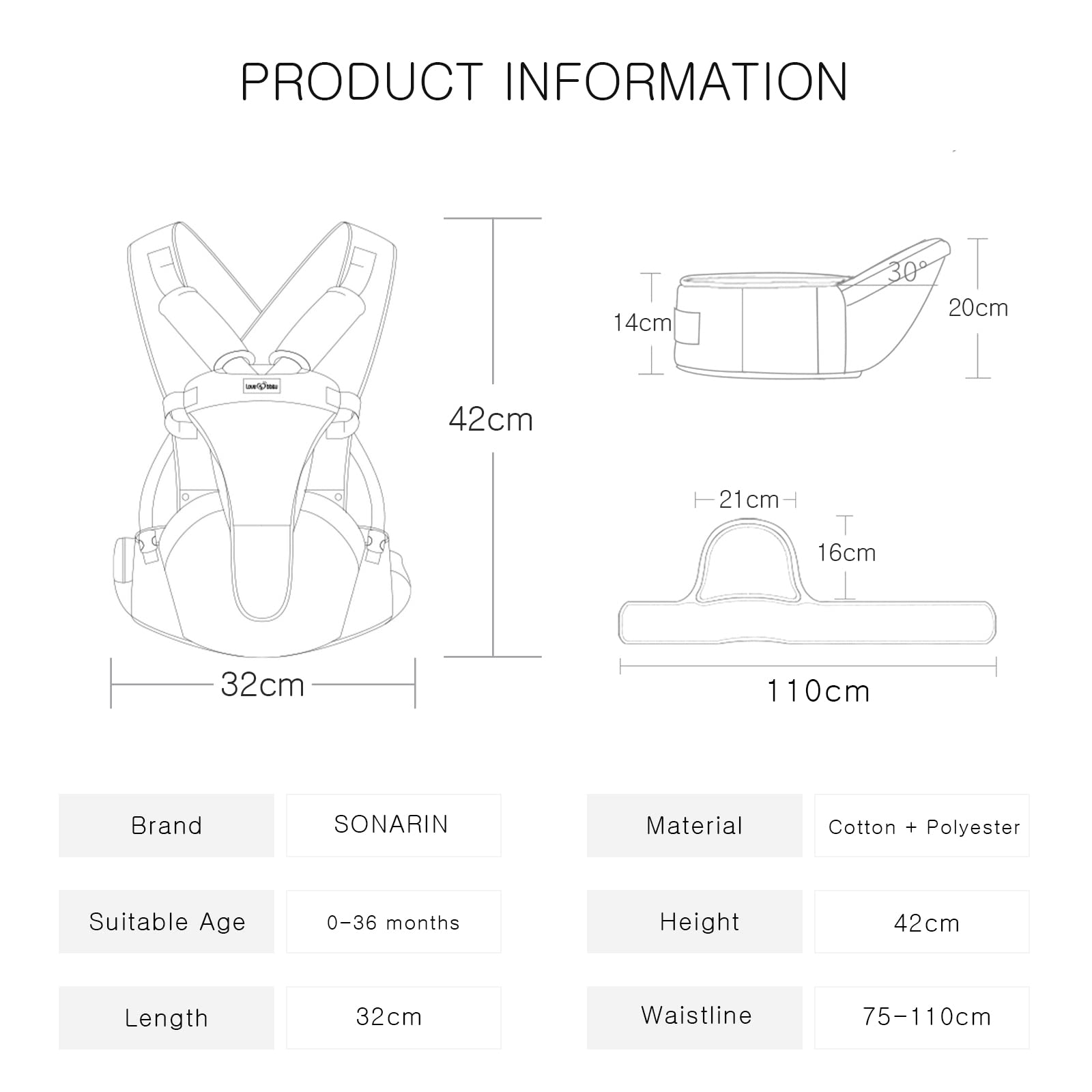 SONARIN Transpirable Simple Portabebé Asiento de Cadera,Mochila Portabebés con Asiento de Cadera Ergonómico Portador de Bebé Portabebés Multifuncional para Recién Nacidos 0-36 Meses(Gris)