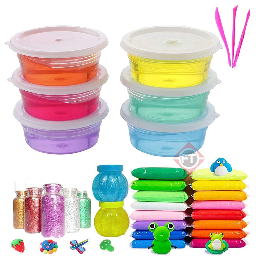 Firstly T DIY Multicolor Scented Magical Slimy Slime Gel Jelly Set Kit Air Dry Magic Crystal Clay Putty Toy Kit for Girls Boys Kids Slime with Glitter | Charms | Glitter Set (6 Slime+12 Clay+ 2 Pot)