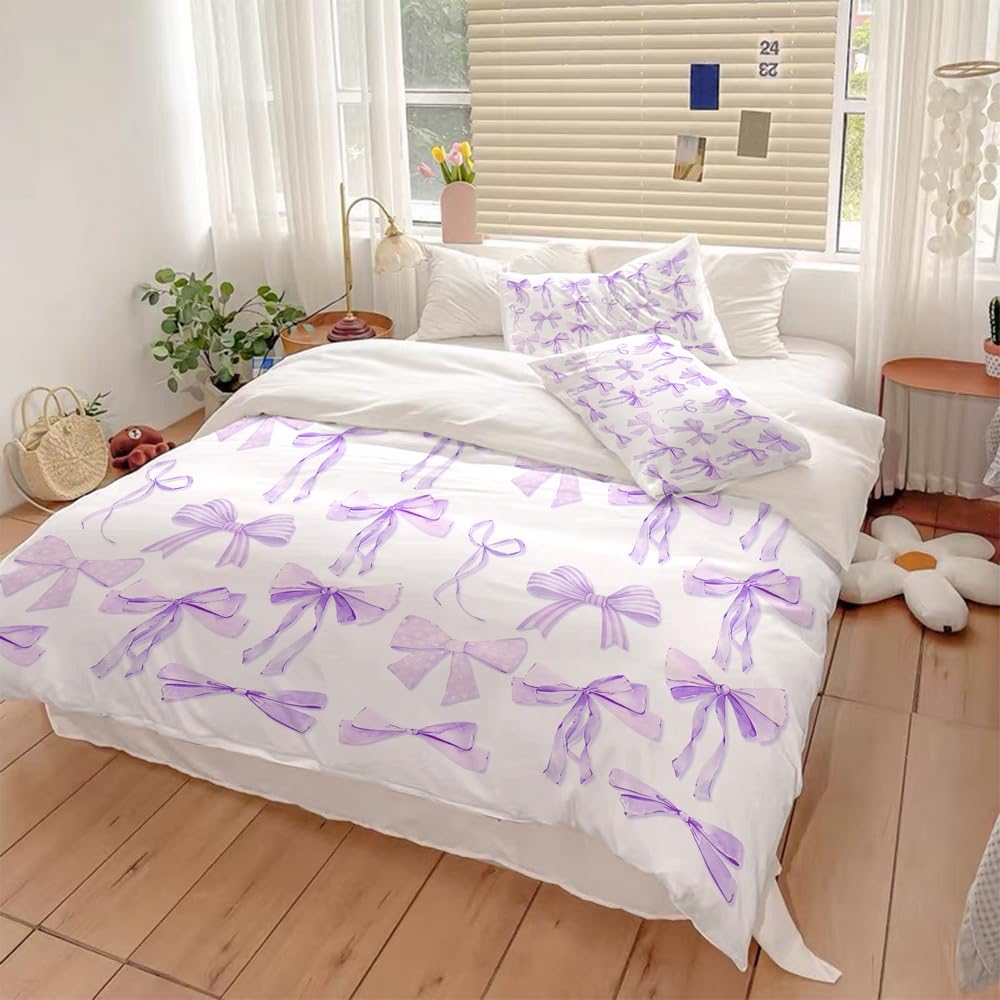 Reateforin Trendy Purple Bow Duvet Cover Full Queen Size Coquette Bedding Set Graceful Style Light Purple Bowknot Bed Cover,Kids Girls Super Soft Bedding Set Funky Preppy Girly Room Decor 88