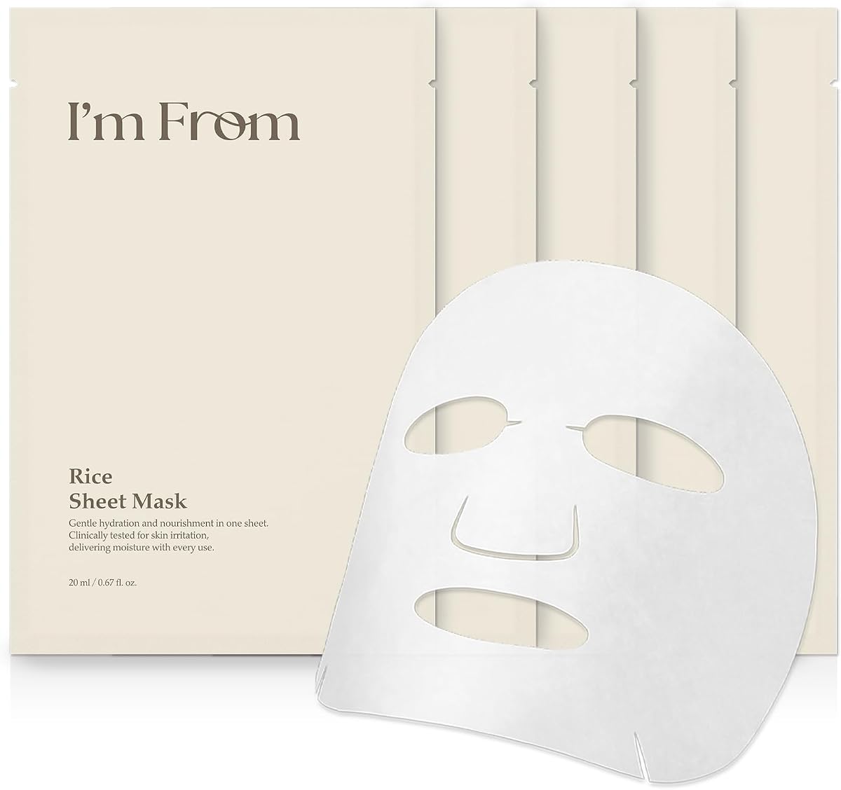 I’m From Rice Sheet Mask, Hydrating & Soothing Face Mask with Rice Extract, Moisture-Sealing Vegan Sheet, Korean Skincare, 0.68 fl. oz (20ml) / 5 Sheets