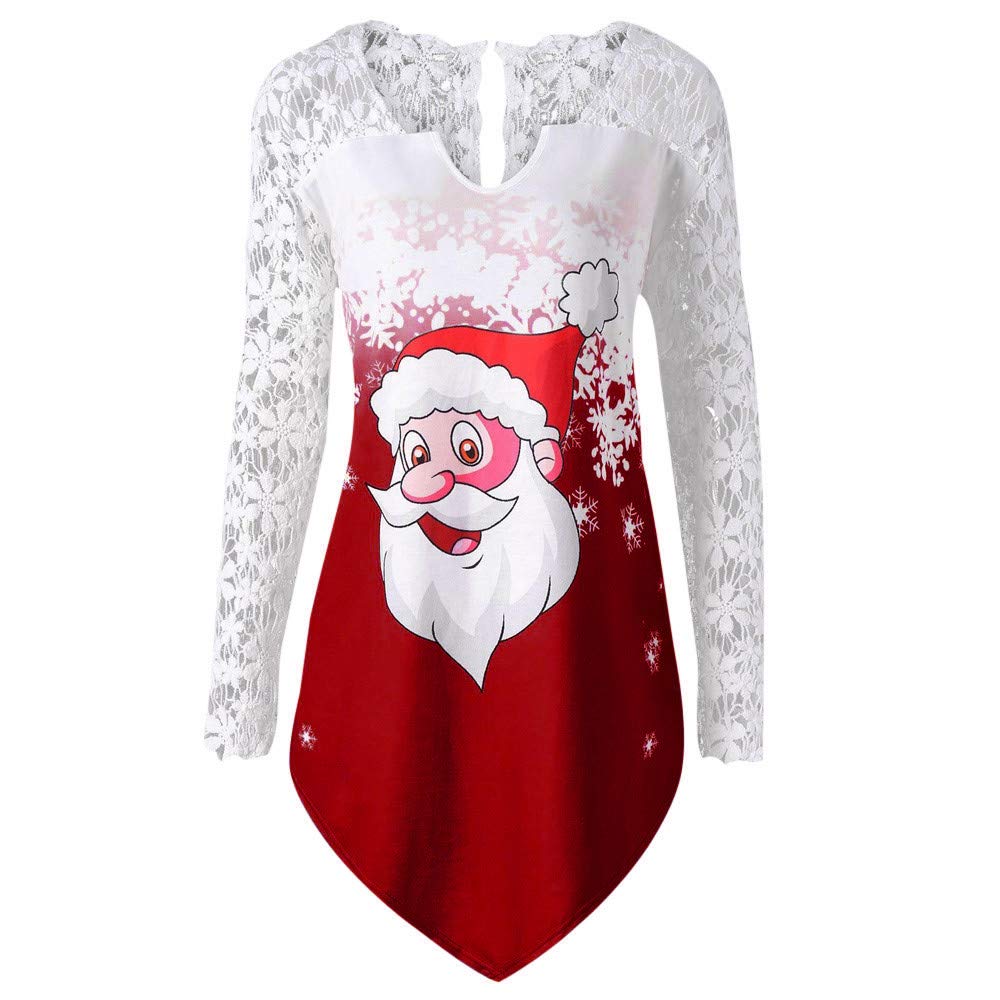Mumustar Women's Lace V Neck Christmas Jumper Tops Plus Size Reindeers Printed Irregular Bottom Casual Swinging Long Pullover Dress Blouse T Shirt
