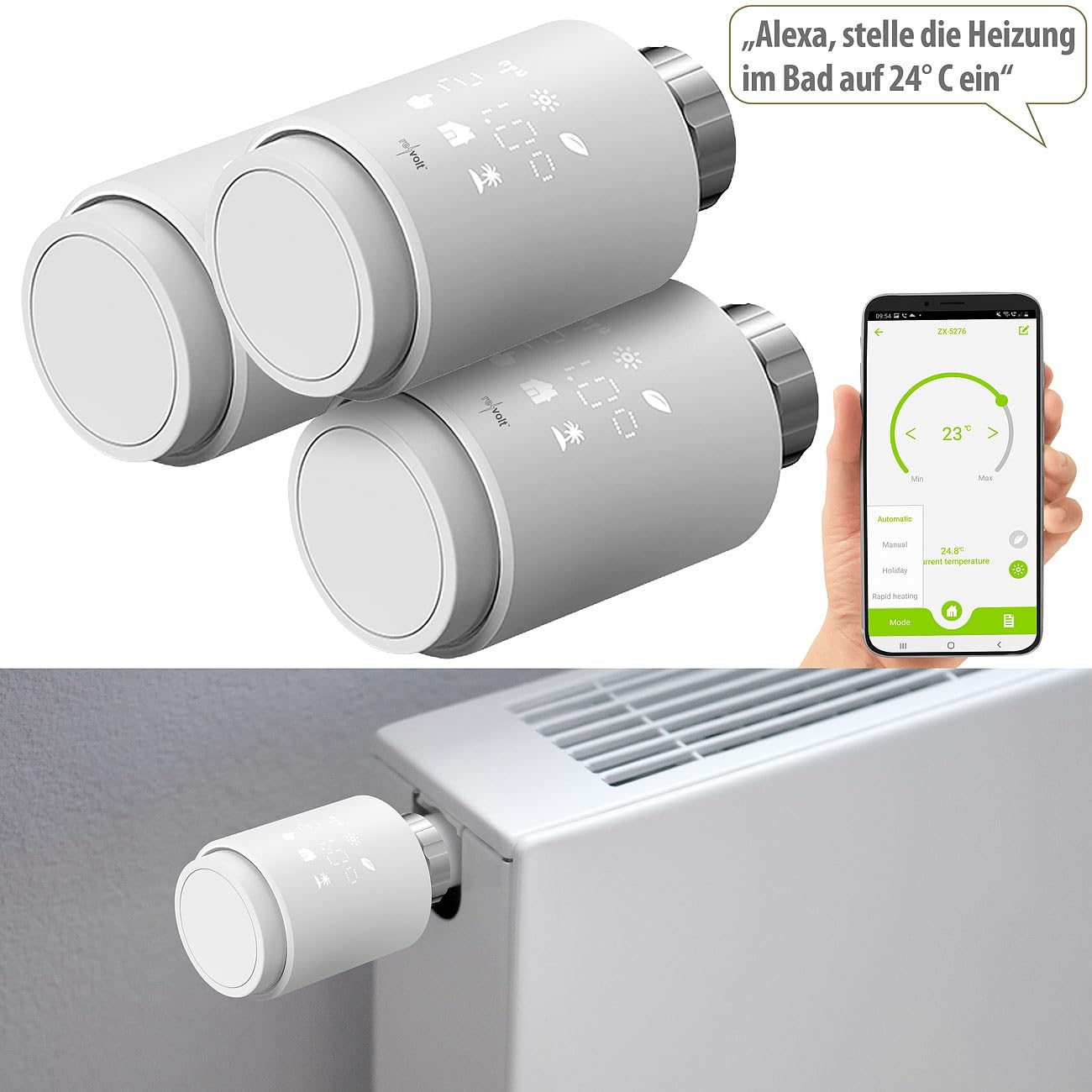 revolt Heizungsthermostat WLAN: 3er-Set programmierbare WLAN-Heizkörperthermostate, App, Sprachbefehl (Heizkörper-Thermostat Smarthome, Digital-Thermostat Heizkörper, Zeitschaltuhr)