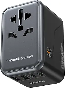 MOMAX Universal Travel Adapter, 70W GaN International Power Adapter, 3 USB-C & 2 USB-A, Worldwide Travel Plug Adapter, International Power Adapter for Most Europe, USA, Japan, Australia (Type C/A/G/I)