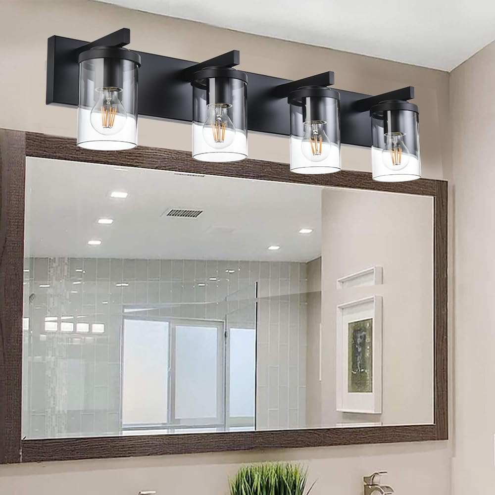 BONLICHT Modern Wall Bathroom Vanity Light Fixture 4 Light Black Metal with Clear Glass Shade,Industrial Vintage Farmhouse Wall Mount Lighting Sconce Bath Lighting Over Mirror for Kitchen Hallway