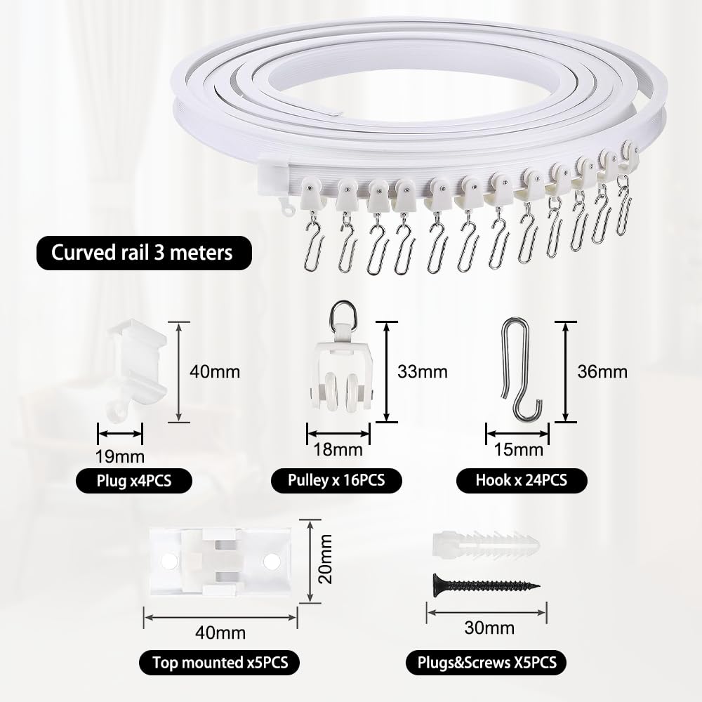Binario Curvo per Tende a Soffitto, Pieghevole per Finestra a Golfo, PVC, Con Accessori per Doccia (3 m Bianco)