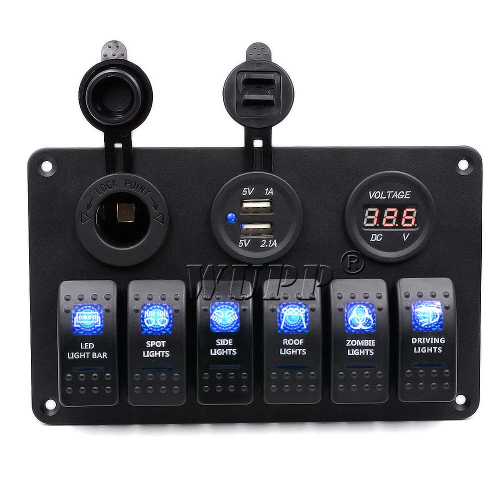 Cyfrowy 6-stopniowy panel przełącznika kołyskowego LED, 12 V, podwójne gniazdo zapalniczki, woltomierz, wyświetlacz, ochrona przed przeciążeniem, do samochodu, łodzi, kampera (6-drożny niebieski)