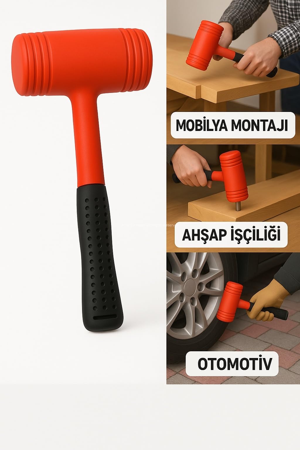 Proalet Çift Renkli Lastik Tokmak, Sert Plastik Başlık, İz Bırakmaz, Ergonomik Kaymaz Saplı, Kaporta İşleri, Süpürgelik Montajı, Marangozluk ve Fayans İşleri İçin Uygun, Dayanıklı El Aleti (50 MM)