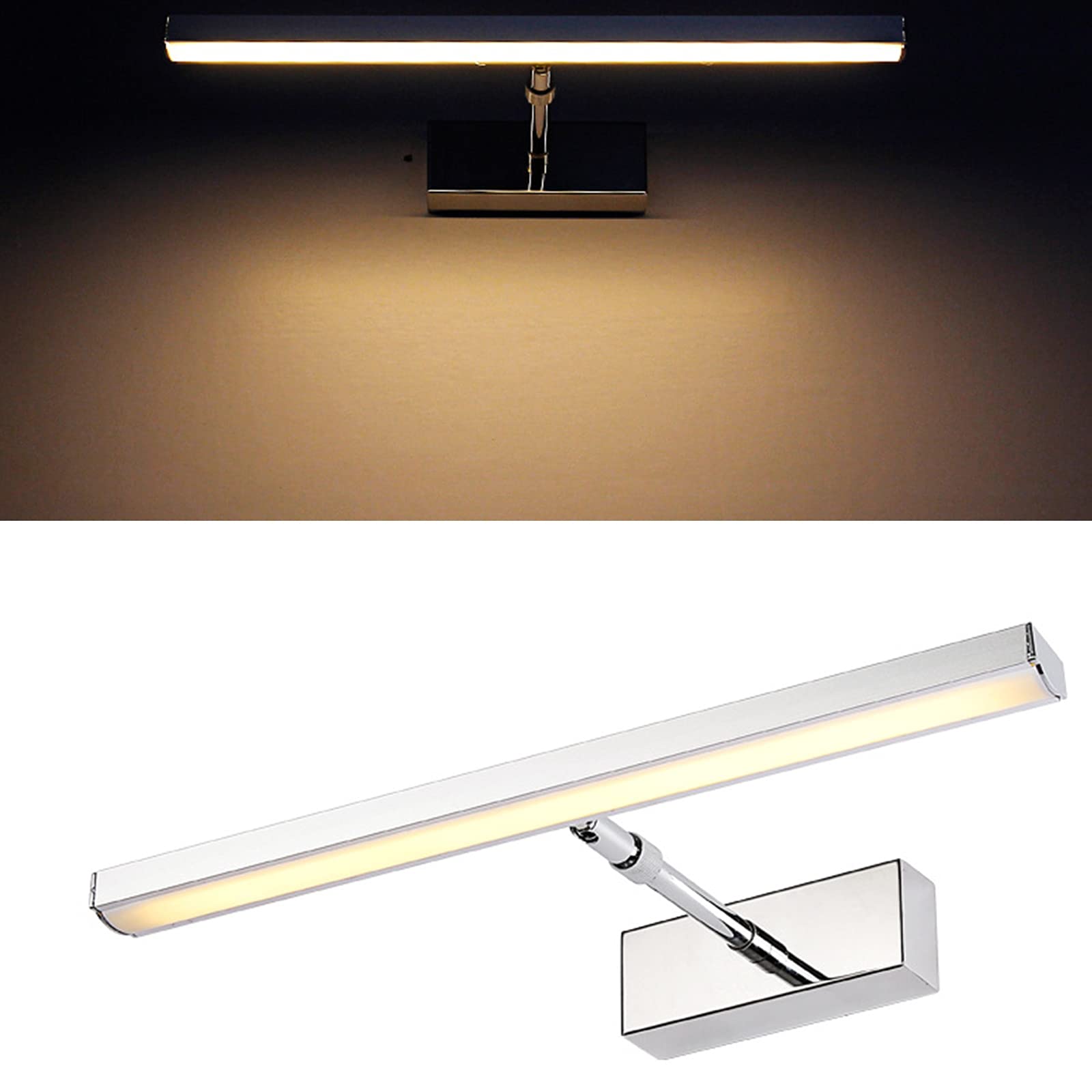Lámpara LED para espejo de baño de acero inoxidable, moderna lámpara cromada para espejo de baño, giratoria 180 grados, luz sobre espejo, luz blanca cálida 3000K IP44, lámpara de pared para baño con p