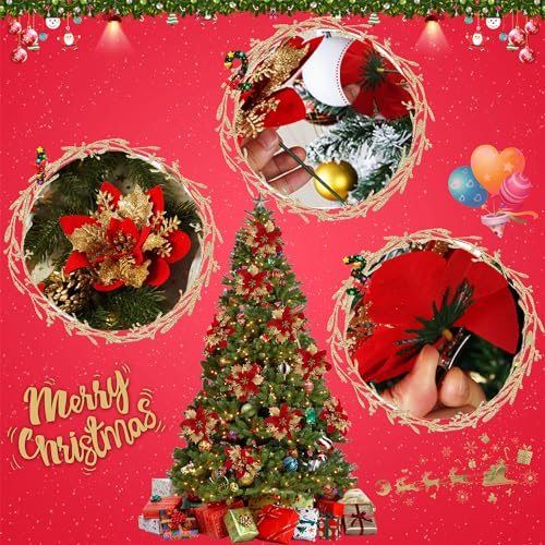 WUBAYI 12Pcs Glitter Artificial Poinsettia Flowers with 12 Stems & Clips - Image 3