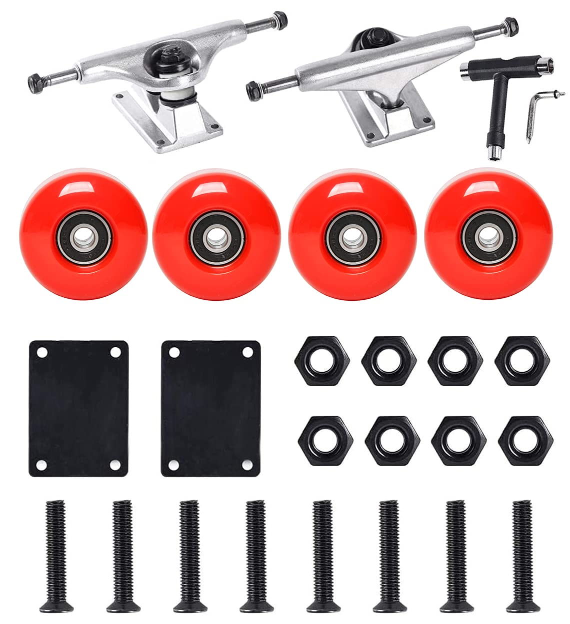 FREEDARE Skateboard Wheels with Bearings 54mm, Skateboard Trucks, Skateboard Tool, Skateboard Riser Pads, Skateboard Hardware Set(Red)
