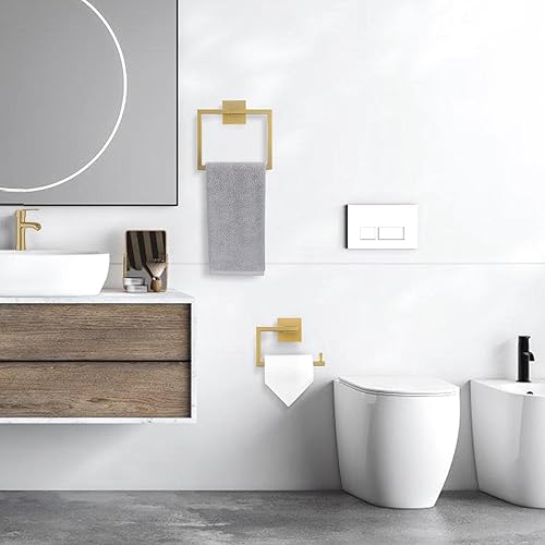 Miniatura 7 de YACVCL Toallero y soporte de papel higiénico dorado cepillado, juego de accesorios de baño, barra de anillo de toalla de mano de acero inoxidable,