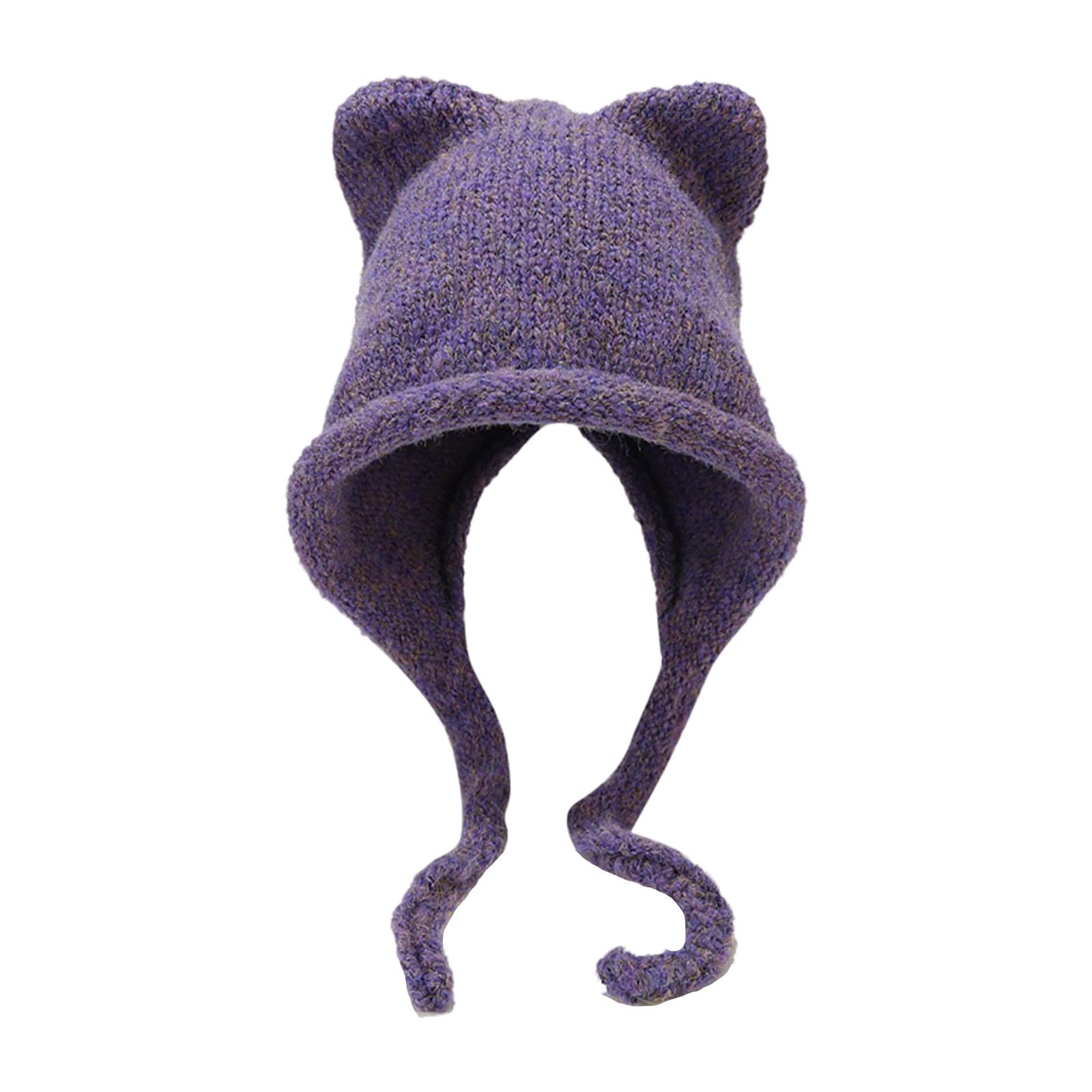 Seluluory Purple Winter Cute Cat Ears Knit Hat With Ear Flaps - Crochet Beanie Ski & Outdoor Windproof Warm Hat