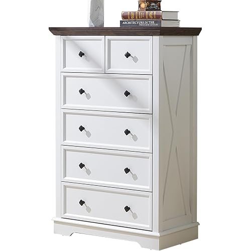 LDTTCUK 6 Drawer Dresser for Bedroom, Farmhouse White Wood Dresser, Modern Tall Dressers & 6 Chest of Drawer Dresser, Large Drawer Storage Organizer Dresser for Hallway, Living Room, Kids Room