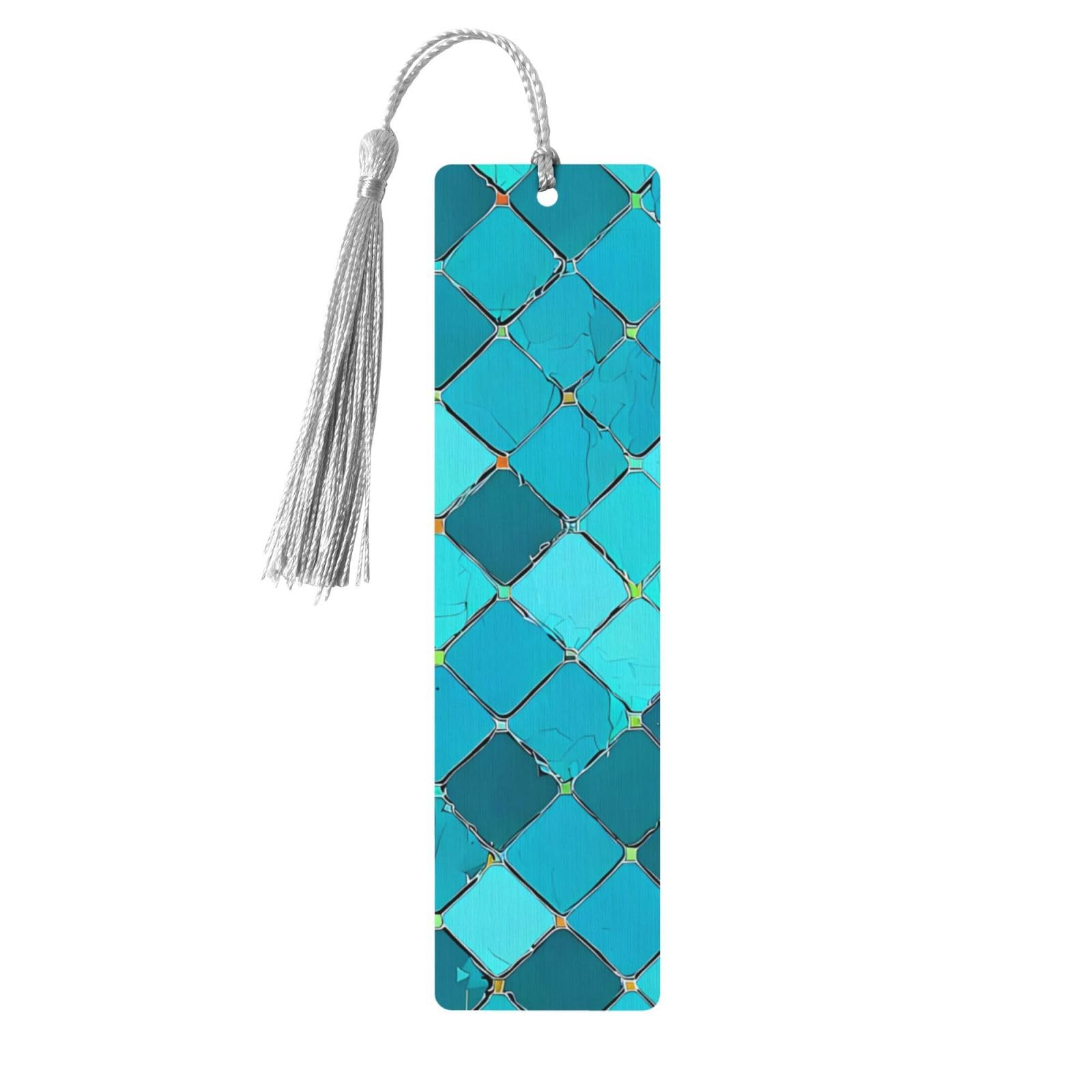 Blue Teal Plaid Double-Sided Print Blue Teal Plaid Bookmarks Wooden Book Marks with Gray Tassel, Turquoise Pattern Lightweight Page Markers Reading Accessories