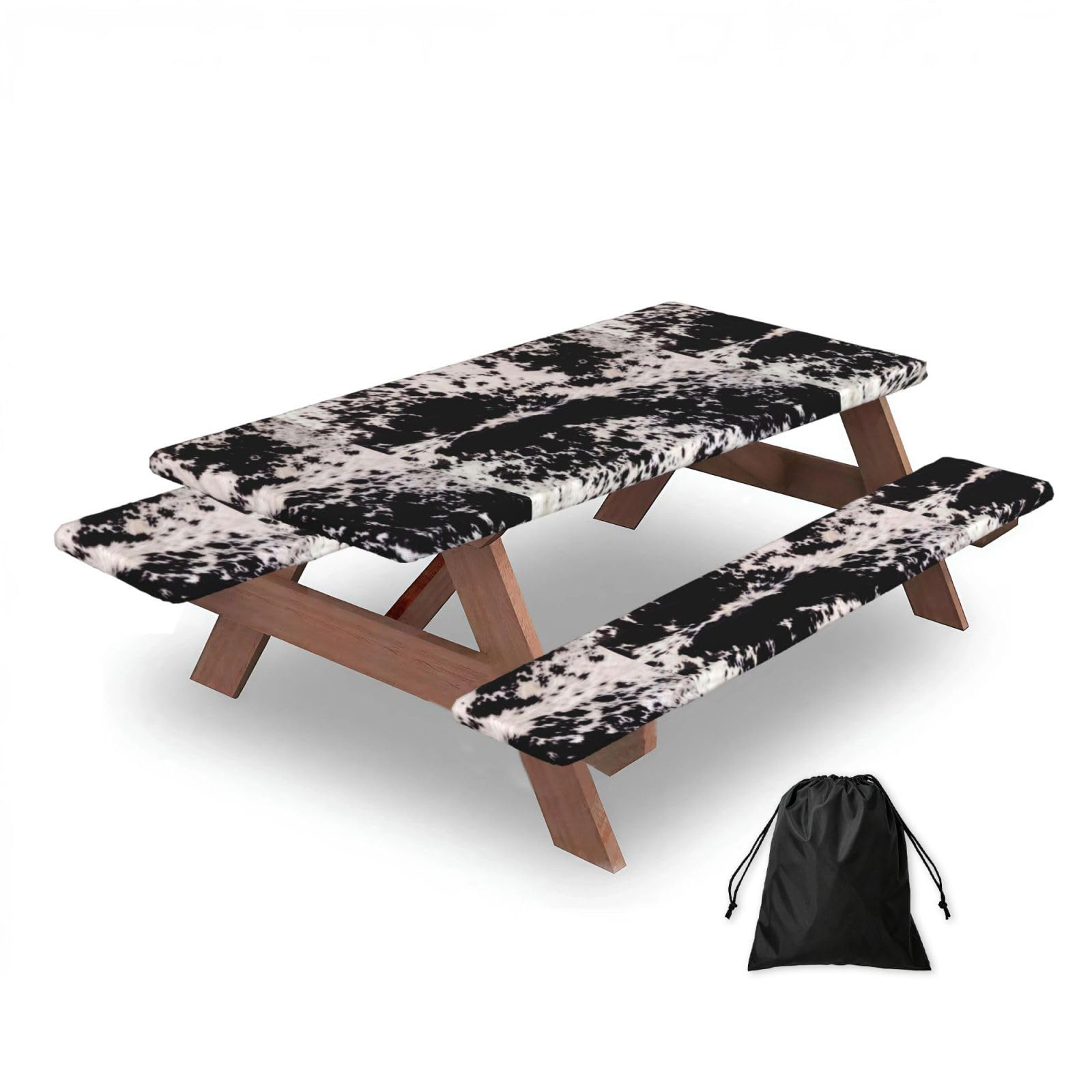Cowhide Black White Cow, Picnic Table Cover With Bench Covers -Waterproof Elastic Fitted Tablecloth for Garden Camping Patio 76x152cm