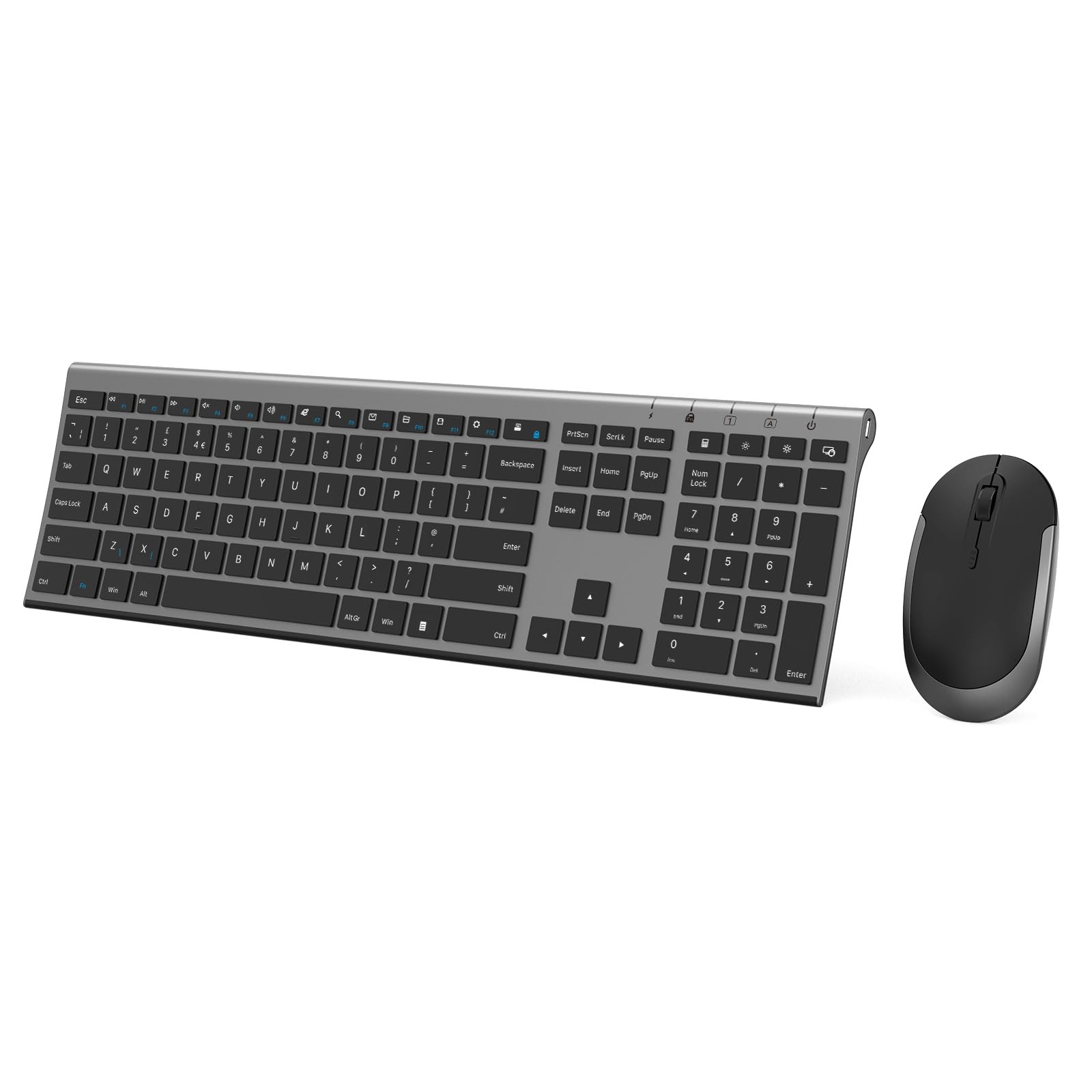 Rechargeable Wireless Keyboard and Mouse Set, seenda Full Size Ultra Thin Quiet USB Keyboard and Mouse QWERTY UK Layout for Windows PC, Computer, Laptop, Space Gray
