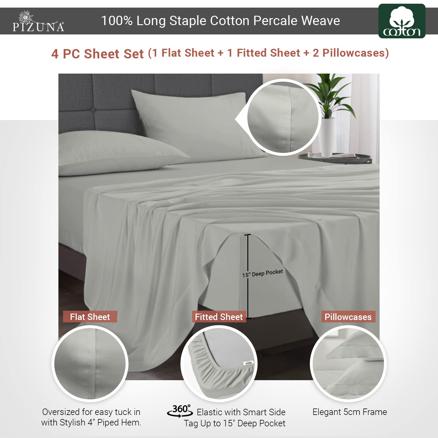 Pizuna Cotton Percale King Size Sheet Set Silver, 100% Long Staple Combed Cotton Bedding Set 275x280 cm - Image 3