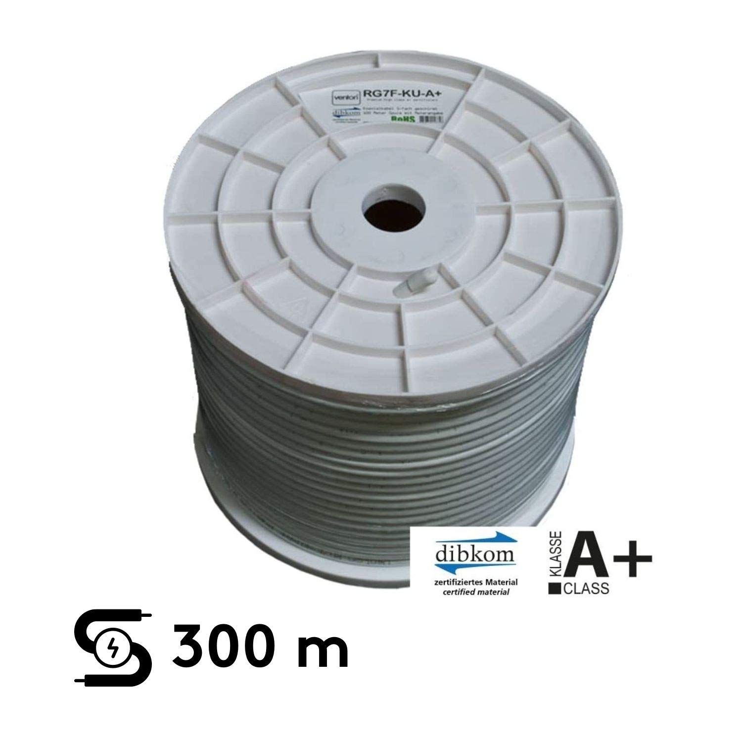 Venton Cavo coassiale RG7F-KU 300 m, cavo antenna A+ 130 dB max. I 5 schermati HQ digitale HD 4K 3D in rame I cavo coassiale per impianti DVB-S2 -C -T2 -BK
