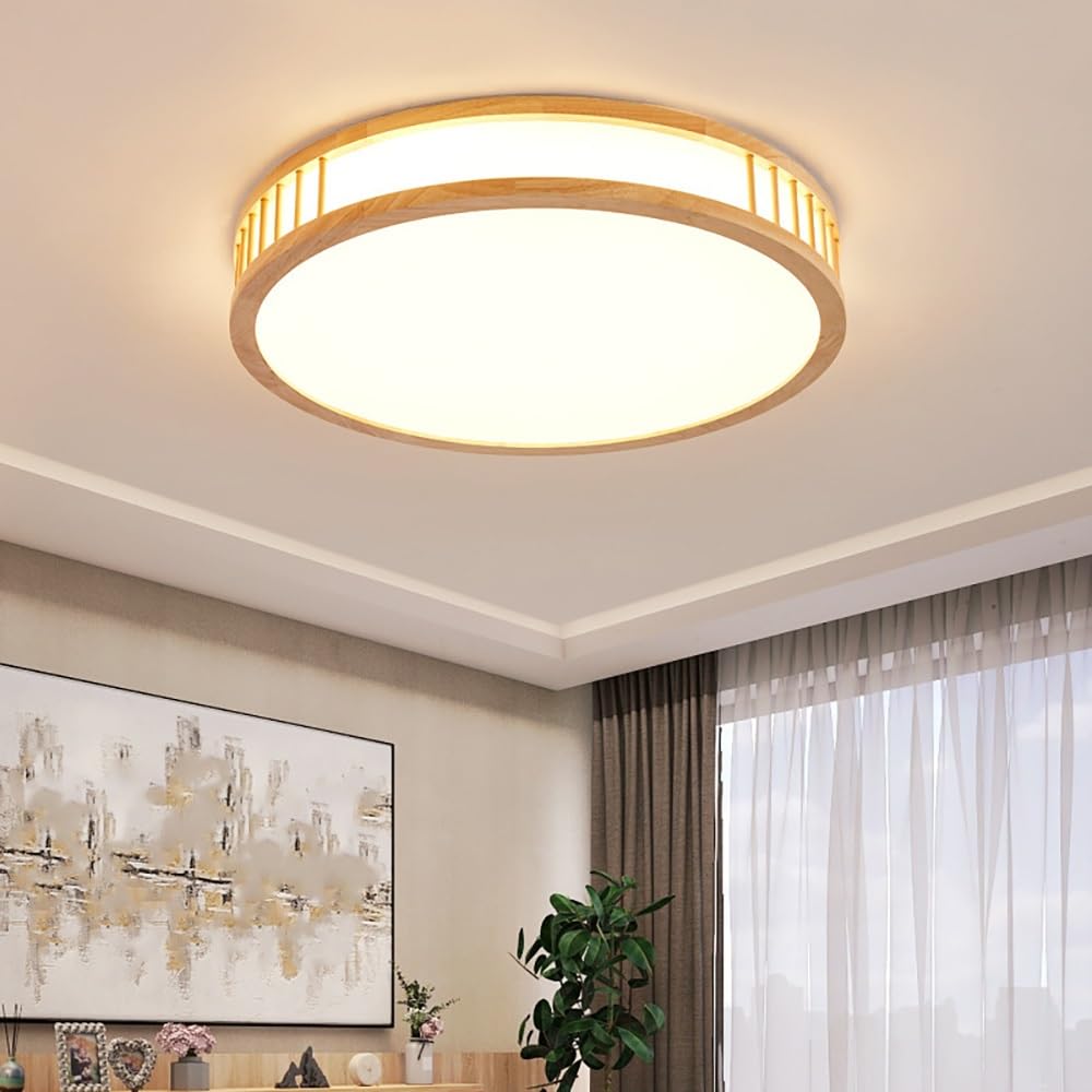 Okrągła Drewniana Lampy Sufitowa LED, Japoński Plafon z Ażurowymi Listwami Oświetlenie Sufitowe Ściemniane do Sypialni Salonu(3 modes,60cm/23.62in)