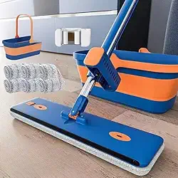 Mop Kit Profissional Flat 360° com Balde Dobrável e 6 Refis de Microfibra – Limpeza Rápida e Sem Esforço (S10)