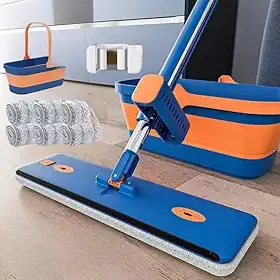 Mop Kit Profissional Flat 360° com Balde Dobrável e 6 Refis de Microfibra – Limpeza Rápida e Sem Esforço (S10)
