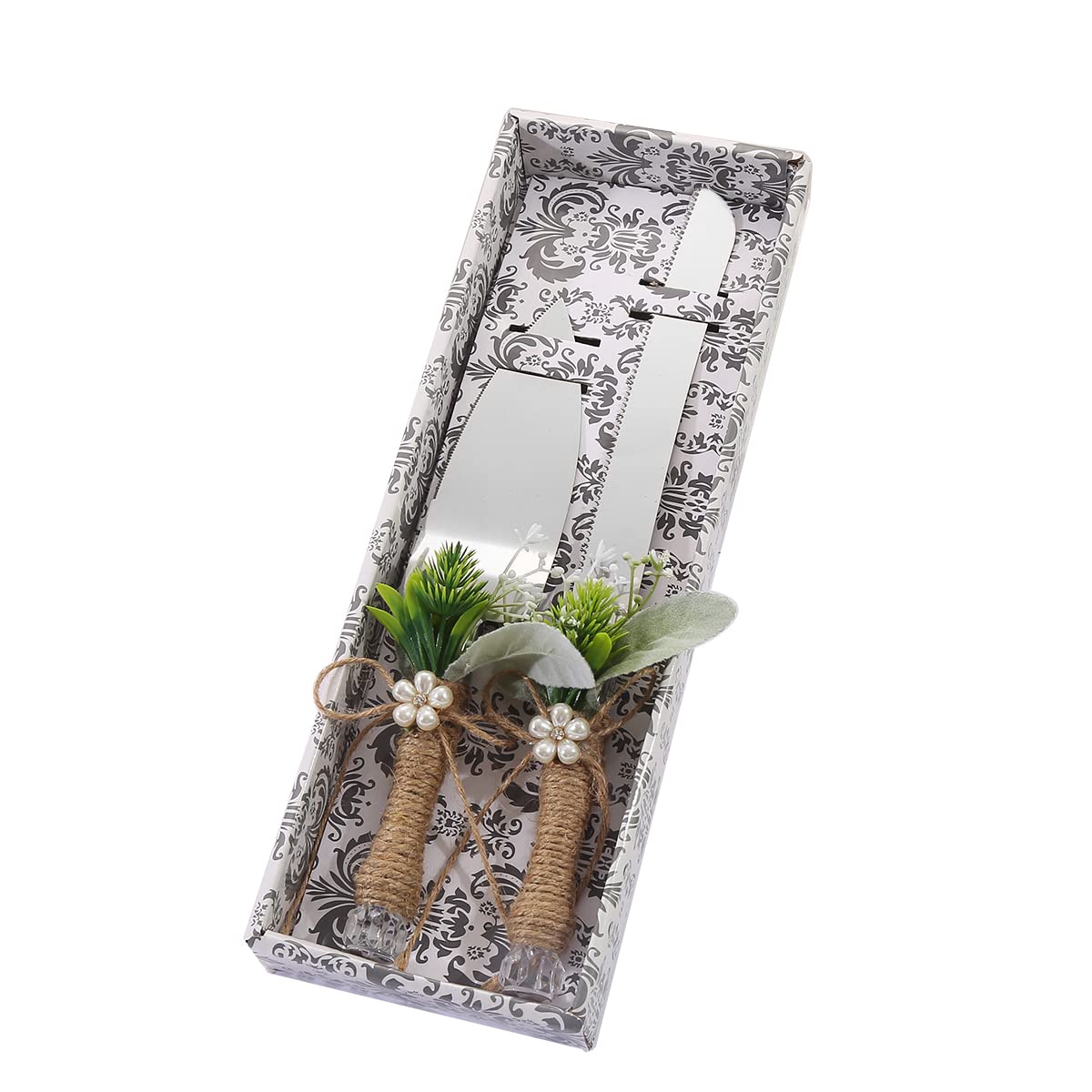 TANG SONG Rustic Style Stainless Steel Wedding Cake Knife and Serving Set Resin Plastic Handle with Artificial Green Leaf shape Design