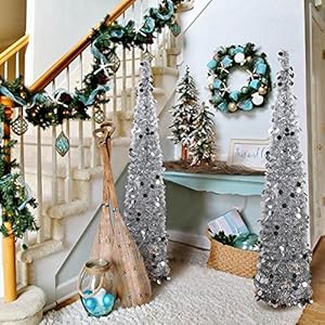 Aytai 5ft collapsible christmas tree silver tinsel coastal christmas tree for holiday decorations  urban country home decor