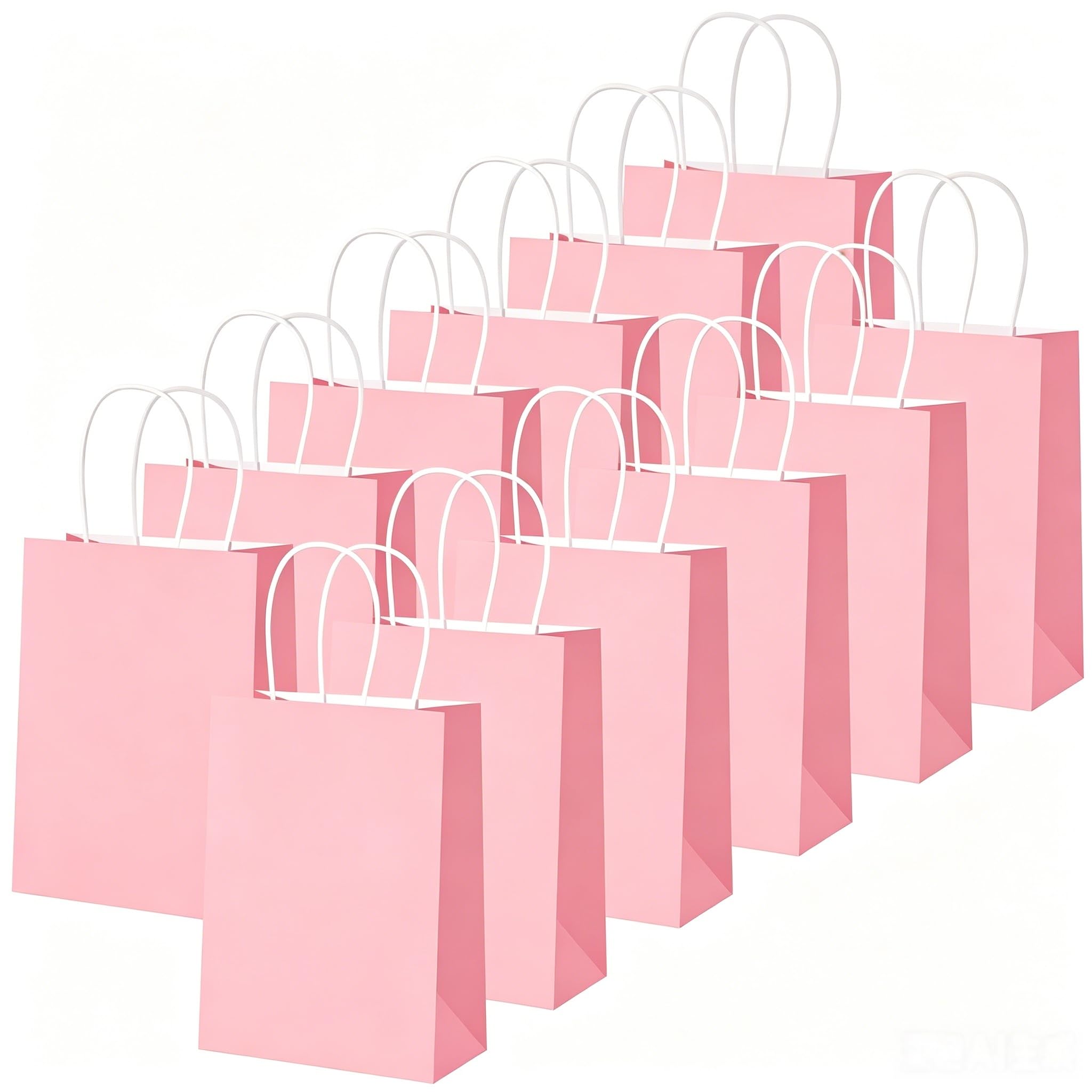 Party Bags, 12 Pack Small Kraft Paper Gift Bags with Handles, 21 x 15 x 8 cm Pink Paper Bags for Kids Birthday, Baby Shower, Treat Bags, Favours and Retail Packaging