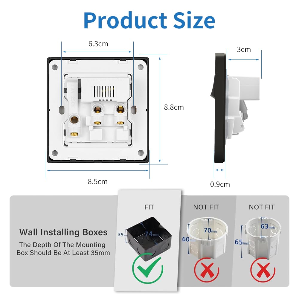 EINNO Switched Wall Outlet with USB C and A, 13 Amp, Black (Single Socket with USB) - Image 3