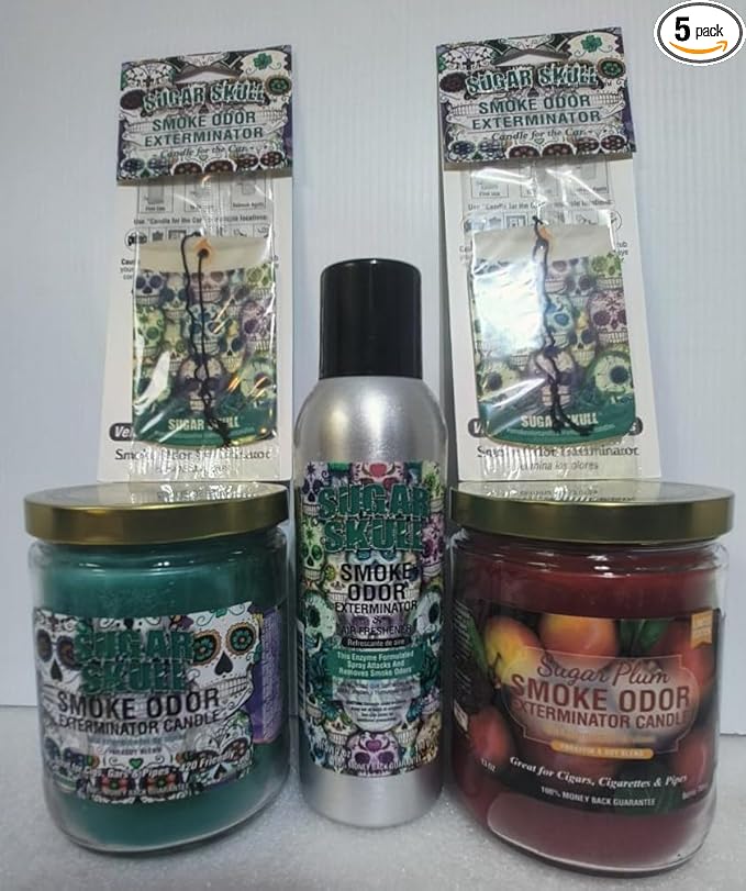 Smoke odor Exterminator Sugar Skull, Includes One 13 oz Jar Candle of Sugar Skull & one Candle of Sugar Plum one 7 oz Spray & Two Car Hangers All (5) Items in One Bundle.