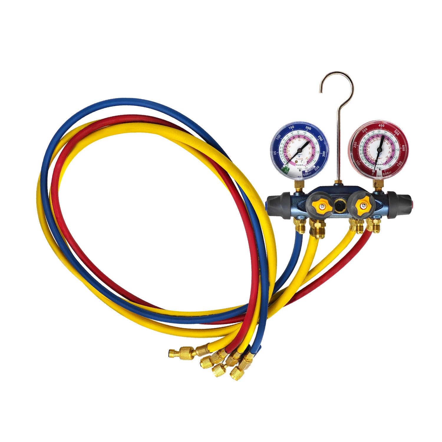 49968 Ladekrümmer, 4 Ventil-Tests, passend für R404a R410a R22 Kältemittel mit 152,4 cm Kugelhahnschläuchen und 3/8 Zoll x 45° Anschluss, rot/blau