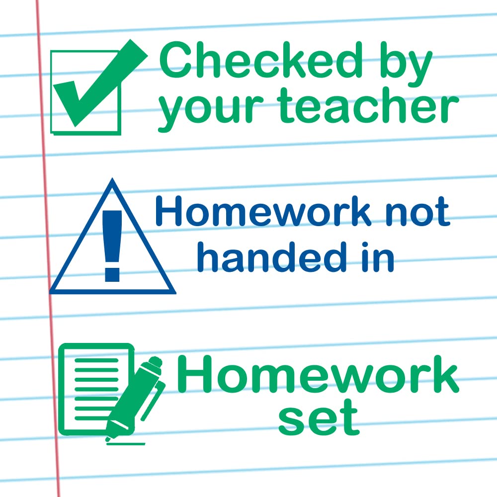 Classroom Capers Homework Teacher Stamp Set: Checked By Your Teacher, Homework Not Handed In, Homework Set. Reinkable.