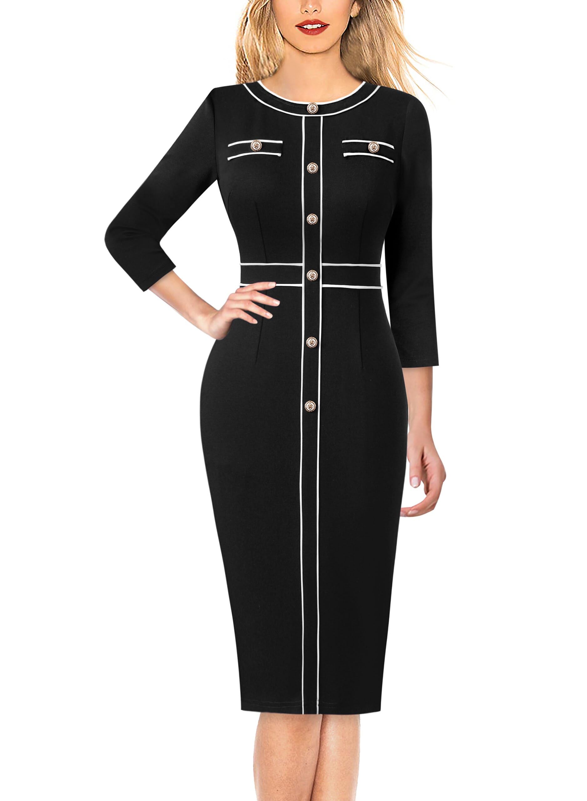 VFSHOWWomens Buttons Patchwork Work Business Office Party Bodycon Pencil Sheath Dress
