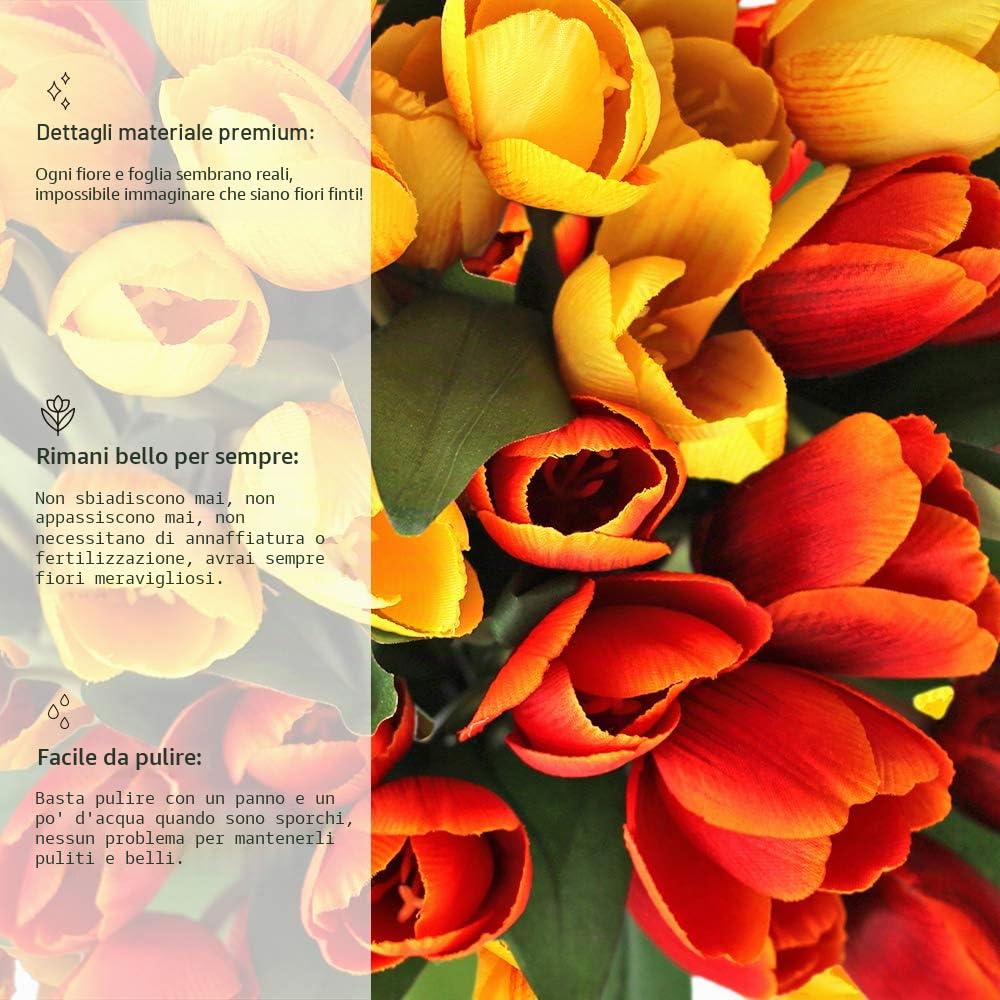 SNAIL GARDEN Set di 36 Tulipani Artificiali,Tulipani in Seta,Fiore Finto Tulipano con 1 Biglietto di Auguri per Matrimonio,Casa,Festa,Festival,Composizioni Floreali,Bouquet da Sposa(Rosso/Giallo)