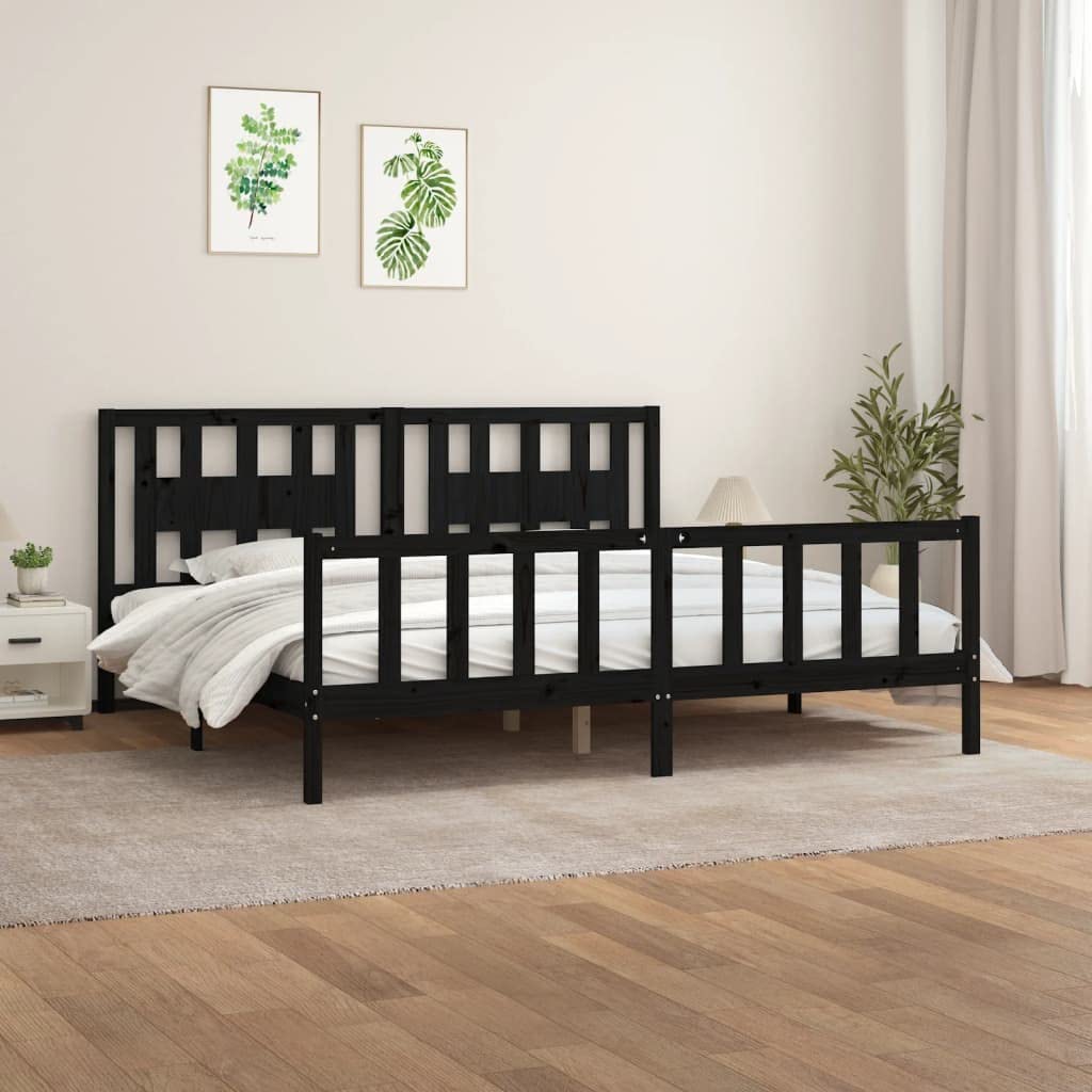 lite drewno sosnowe z wezgłowiem klasyczna czarna 200x200 cm | Rama łóżka 200x200 z wezgłowiem lite drewno sosnowe czarna stabilna