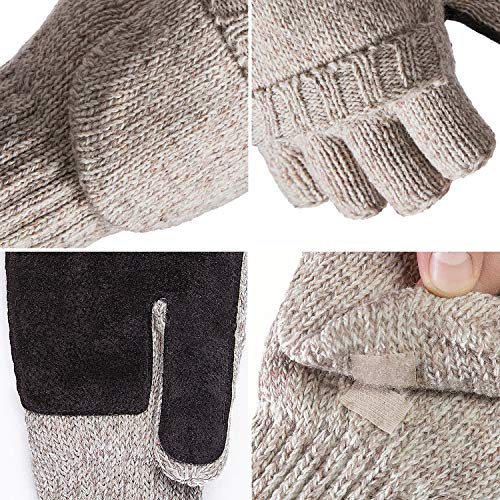 FWPP Winter Fingerless Gloves for Men Women Thinsulate Inner Wool Acrylic Knit Leather Palm - Thumbnail 3