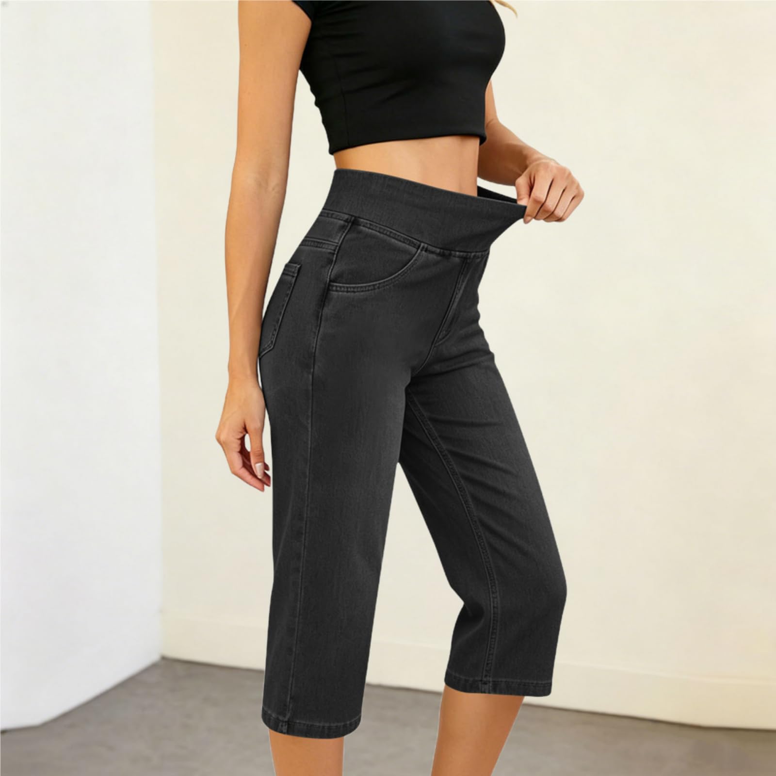 Genérico Pantalones Vaqueros Tobilleros para Mujer con Cintura elástica | Pantalones capri casuales de verano, suaves y de tiro alto con bolsillos; estilo pierna ancha y tendencia Y2K, ideales para v