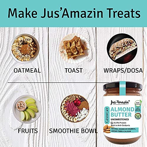Image of Jus' Amazin Crunchy Almond Butter - Unsweetened (500 Gram) Pack Of 2|25% Protein|Only Whole Almonds (100% Pure)|Zero Additives|100% Natural|Dairy Free|Keto|Plant Based Nutrition|Clean Nutrition