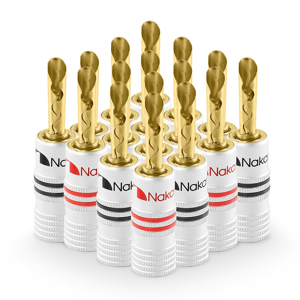 Nakamichi Clavija Banana 12-18 AWG 4 mm 24K Chapado en Oro Enchufe de plátano Adaptador para Altavoces con Cable y Amplificador de Altavoz HiFi 16 Piezas (8 Pares) Clavija Bananas BFA